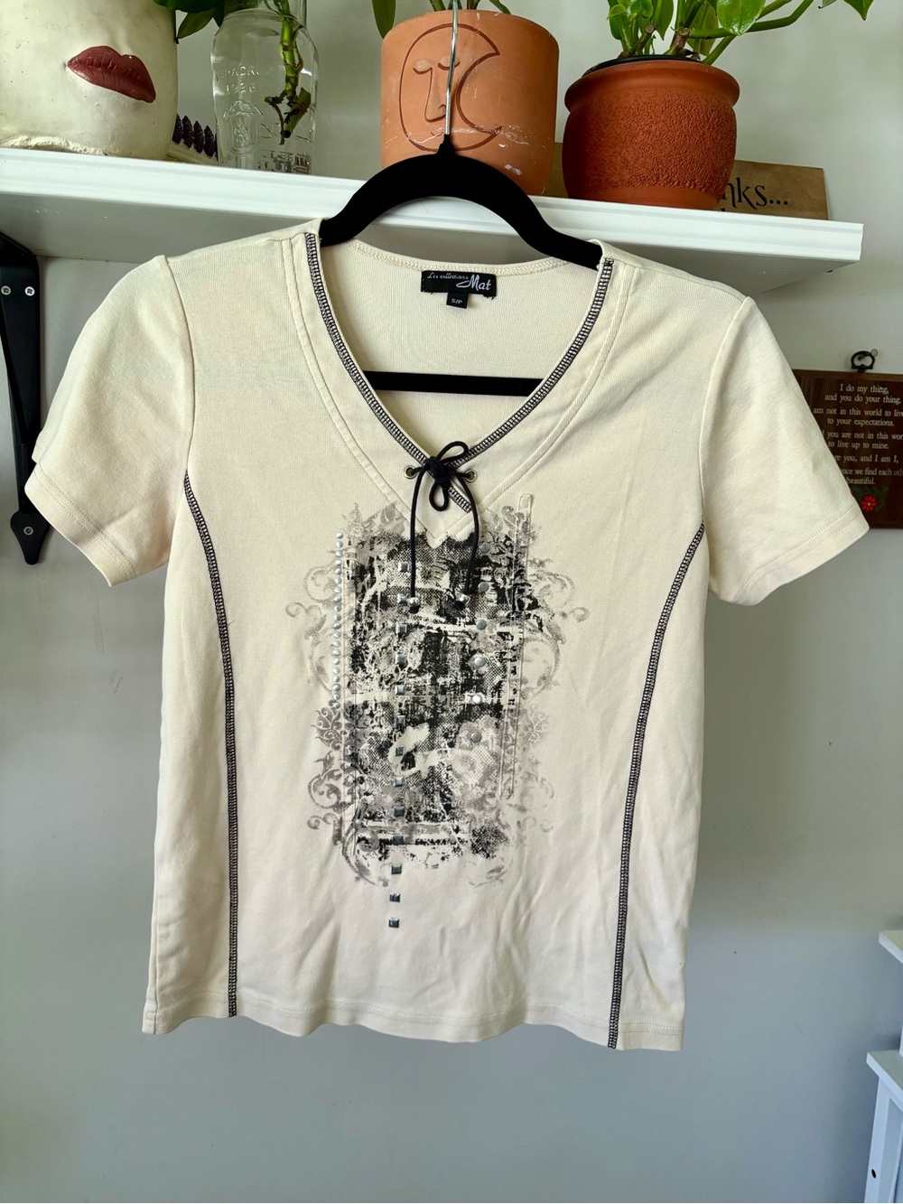 mat. Cream Short Sleeve V-Neck Tee with Black Graphic